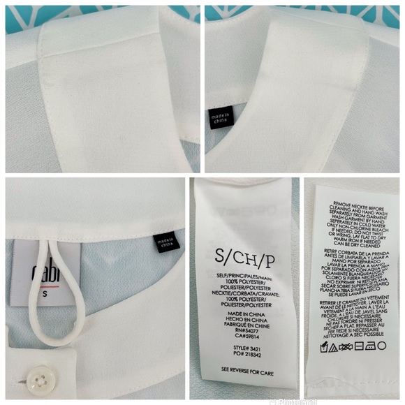 Cabi Tuxedo Blouse # 3421, White Semi-Sheer Long Sleeve with Black Tie, Small - Picture 16 of 16